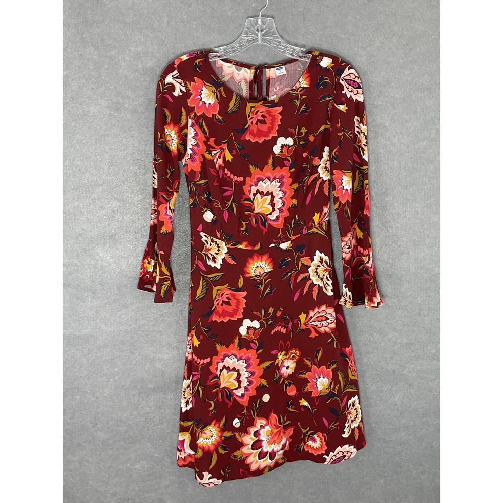 Old Navy Dress Womens sz 0 Floral Bell Sleeve Zip Side Bold Colorful‎ 70's Style
